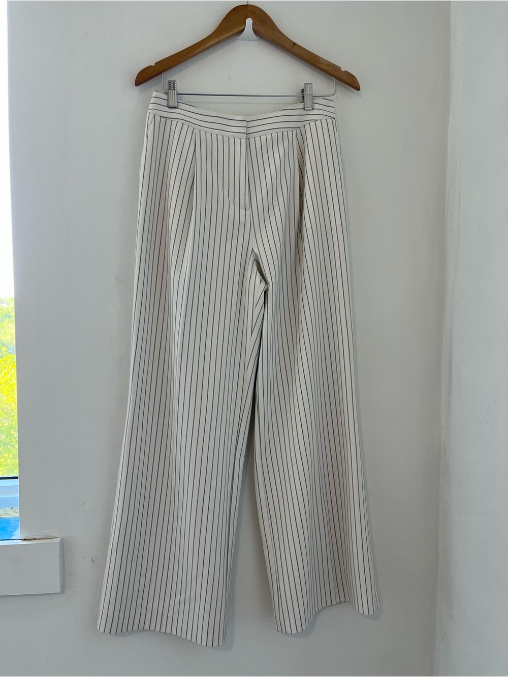 Mint Velvet Wide-Leg Pinstripe Trousers in white and Black
